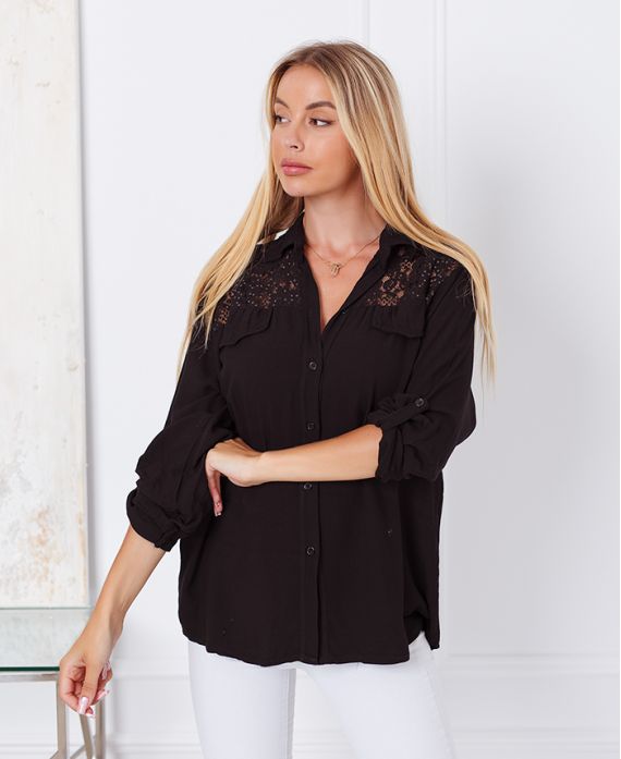 CAMICIA IN PIZZO CON PAILLETTES 9261 NERO