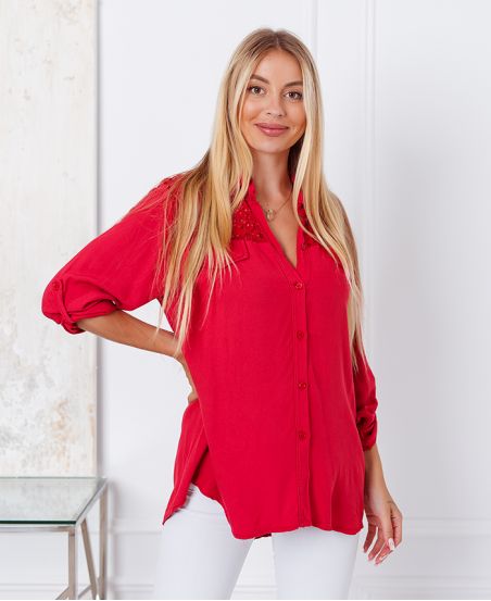 CAMICIA IN PIZZO CON PAILLETTES 9261 ROSSO