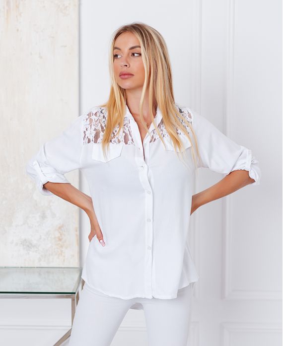 CAMICIA IN PIZZO CON PAILLETTES 9261 BIANCO