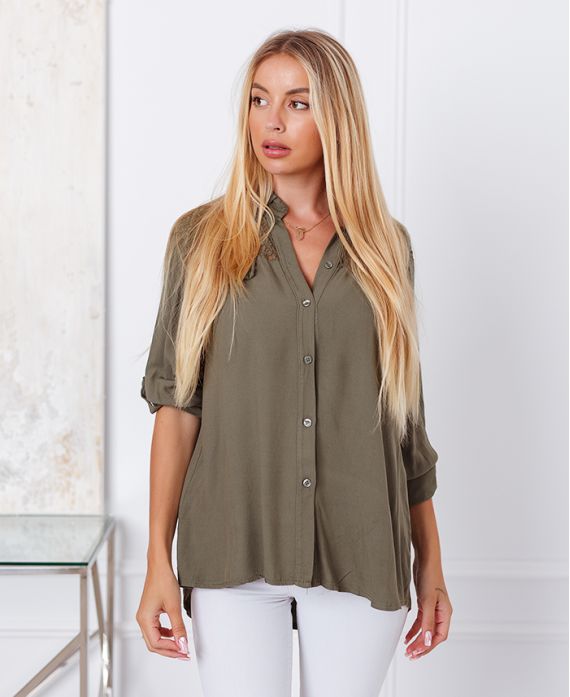 CAMICIA IN PIZZO PAILLETTES 9261 VERDE MILITARE