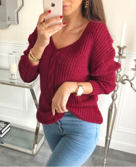 PULLOVER MIT V-AUSSCHNITT UND ZOPFMUSTER 04 BORDEAUX