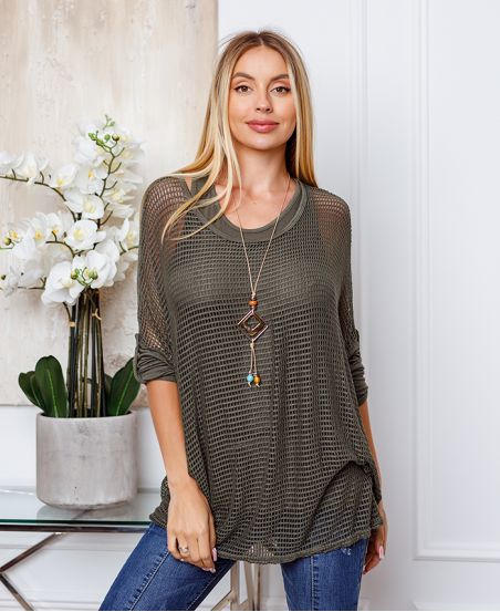 2 PIECES TUNIC + NECKLACE OFFERED MILITARY GREEN 20207