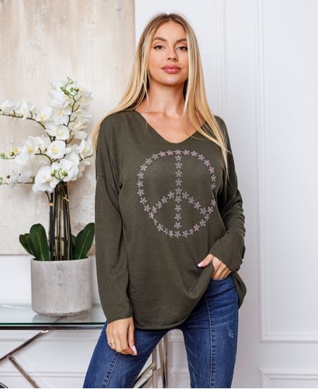 FINE SWEATER PEACE AND LOVE 20327 MILITARY GREEN