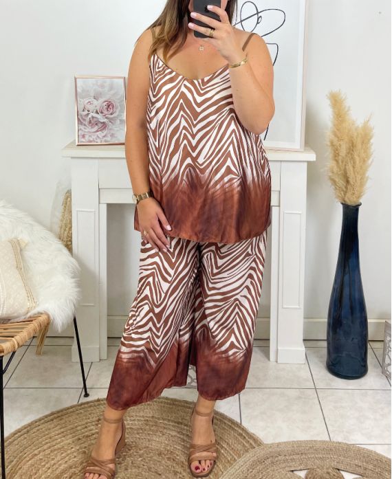 GRANDE TAILLE ENSEMBLE TOP CARACO AVEC PANTALON ASSORTI CHIC 1000 MARRON